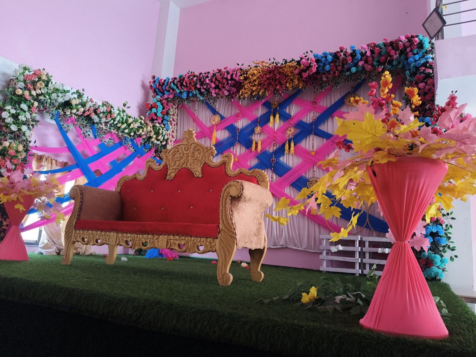 Decorated wedding stage and royal seating at Hotel Myra