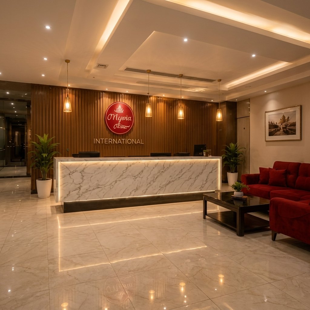 Front desk and reception atrium of Hotel Myra